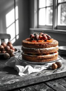 Greengage, Cobnut and Stem Ginger Cake