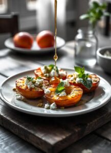 Griddled Doughnut Peaches, Feta, Pistachio & Mint