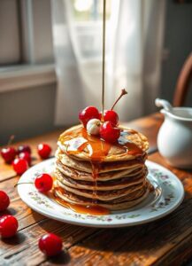 Almond Milk and Spelt Ricotta Pancakes with Maraschino Laced Cherries