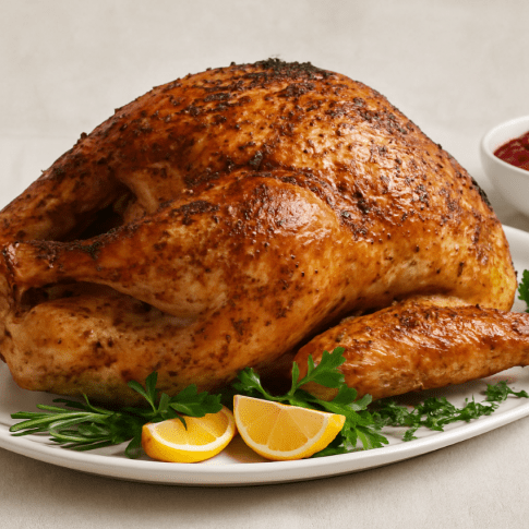 Golden-brown roasted Thanksgiving turkey with crispy skin, garnished with lemon wedges, parsley, and fresh herbs on a white platter.