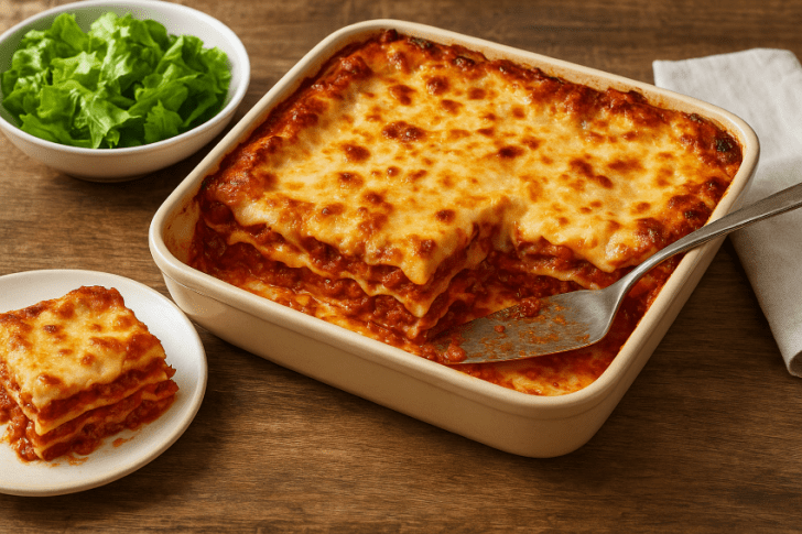 Authentic Italian grandmother’s lasagna fresh from the oven with golden cheese layers, rich ragù, and creamy béchamel in a rustic ceramic baking dish.