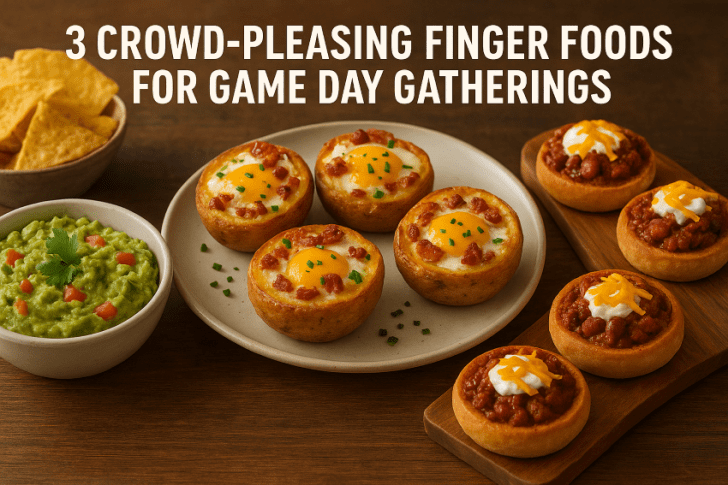 Delicious game day finger foods including creamy guacamole dip, cheesy pigskin popper egg cups, and mini beef chili bread bites arranged on a rustic wooden table.
