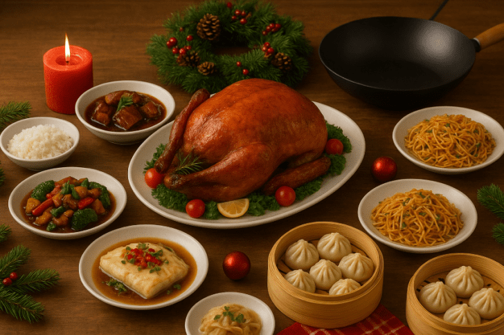 A festive Chinese Christmas feast featuring a golden roast duck, steamed fish, dumplings, noodles, and braised pork belly, beautifully arranged with holiday decorations and a wok on a wooden table.