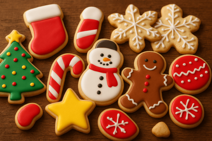 Festive Christmas sugar cookies decorated with colorful royal icing, including snowflakes, gingerbread men, candy canes, Christmas trees, stockings, and stars arranged on a wooden table.