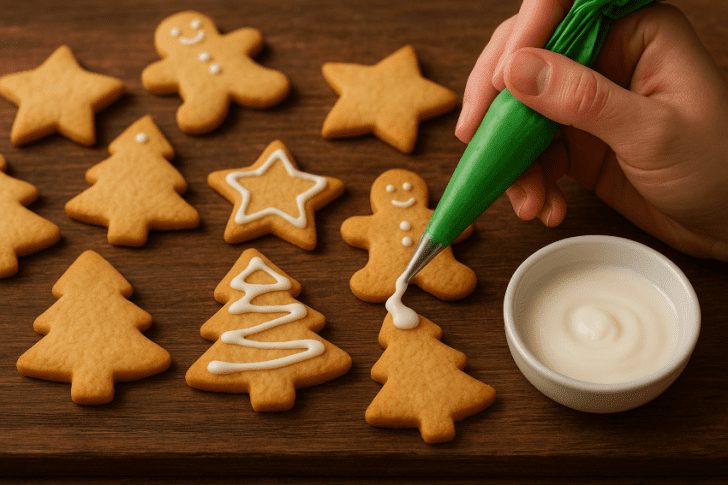 Hand piping white icing onto freshly baked Christmas sugar cookies shaped like trees, stars, and gingerbread men on a wooden table.