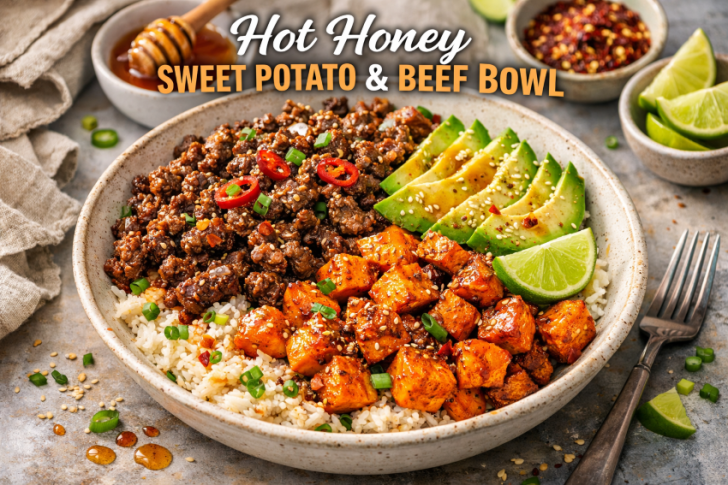 Hot Honey Sweet Potato & Beef Bowl with tender beef, roasted sweet potatoes, avocado slices, rice, and lime wedges, garnished with chili flakes and sesame seeds in a rustic bowl.