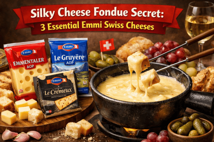 Silky cheese fondue made with three essential Emmi Swiss cheeses – Emmentaler, Le Gruyère, and Le Crémeux – served in a rustic fondue pot with bread cubes, grapes, pickles, and a glass of white wine.