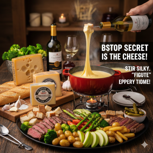 Silky cheese fondue in a red pot with melted Swiss cheese, served with Appenzeller, Gruyère, and Emmentaler cheeses, fresh vegetables, bread cubes, potatoes, steak slices, pickles, and wine."